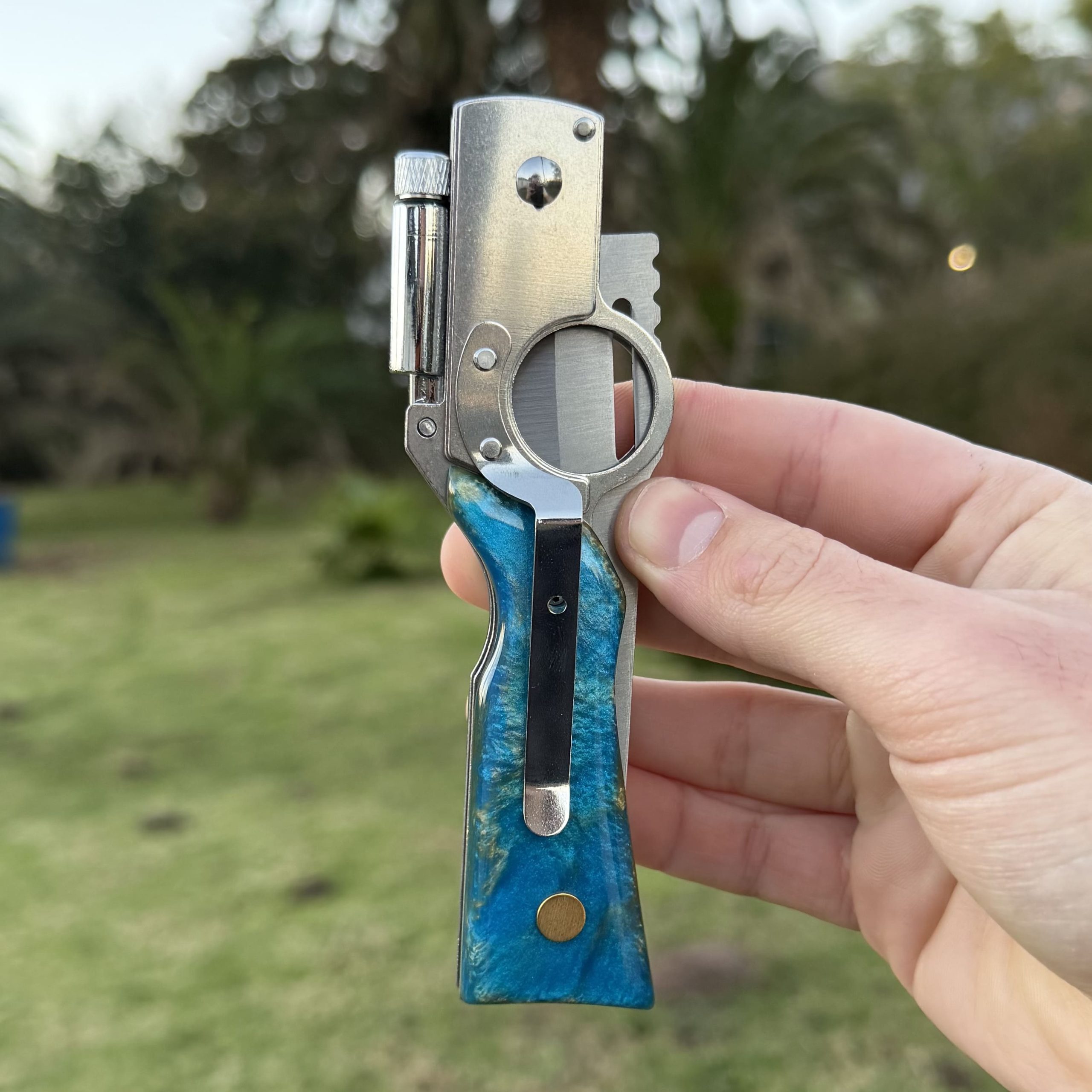 Rifle Inspired Folding Knife (Blue & Gold Resin)